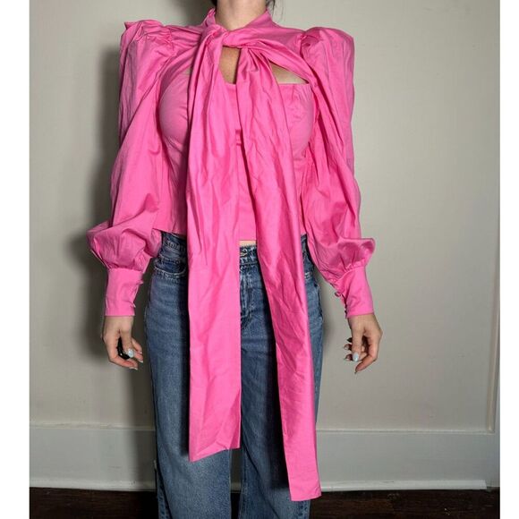 ASOS Luxe Hot Pink Puffy Sleeve Corset Style Top With Bow Size 8 NWT - Picture 1 of 5